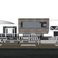 Modern Public Building Exterior With Wooden Panels Glass Windows And Plaza Area