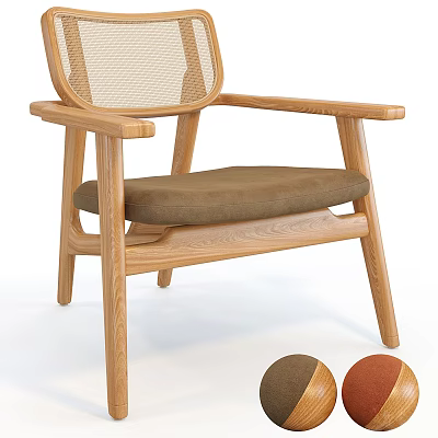 Natural Wooden Frame Lounge Chair with Mesh Backrest Brown Cushion and Color Options 3d model