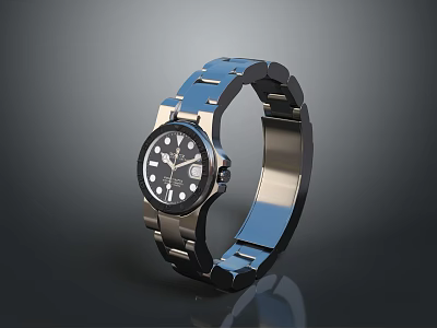 Luxury Stainless Steel Watch With Black Dial White Markers And Shiny Metallic Band 3d model