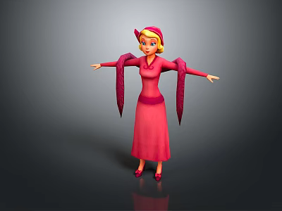 Animated Game And Movie Character In Pink Long Dress With Flowing Sleeves And Hat 3d model