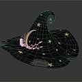 Decorative Black Wizard Hat Featuring Gold Stars Small Moon Branch Decoration And Curled Edge
