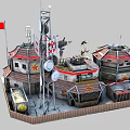 Cartoon Military Base Scene With Red Star Buildings Dragon Statue And Radar