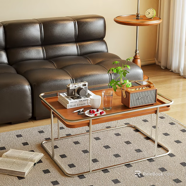 Coffee Table With Wooden Top Metal Frame Vintage Camera Green Plant Black Leather Sofa 3d model 
