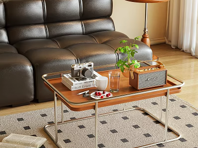 Coffee Table With Wooden Top Metal Frame Vintage Camera Green Plant Black Leather Sofa 3d model