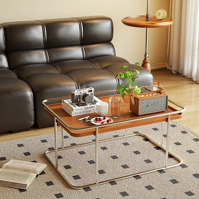 Coffee Table With Wooden Top Metal Frame Vintage Camera Green Plant Black Leather Sofa 3d model