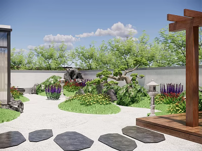 Tranquil Courtyard Garden Design With Stone Stepping Stones Lush Plants And Wooden Pergola 3d model