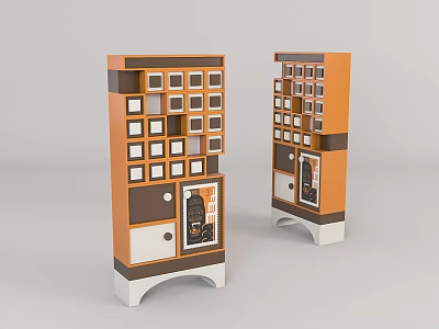 Orange And Brown Wooden Storage Cabinets With Multiple Compartments And Drawers 3d model