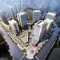 Modern Commercial Plaza With High Rise Buildings LED Screen Fountain Shops And Pedestrians