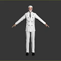 Man With White Hair In White Double Breasted Suit Standing Arms Outstretched Against Gray Background