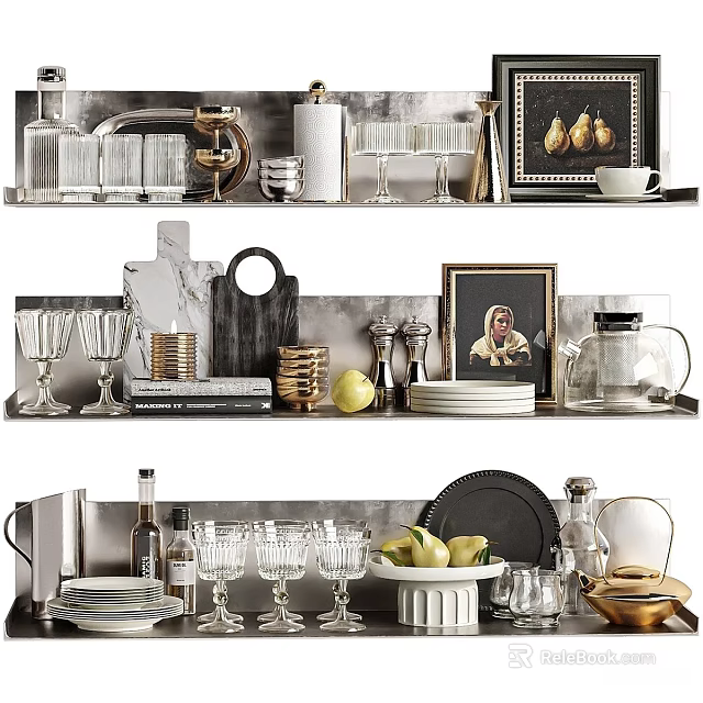 Elegant Modern Tableware Set With Glassware Plates And Metallic Accents On Kitchen Shelves 3d model 