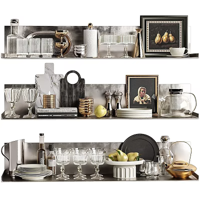 Elegant Modern Tableware Set With Glassware Plates And Metallic Accents On Kitchen Shelves 3d model