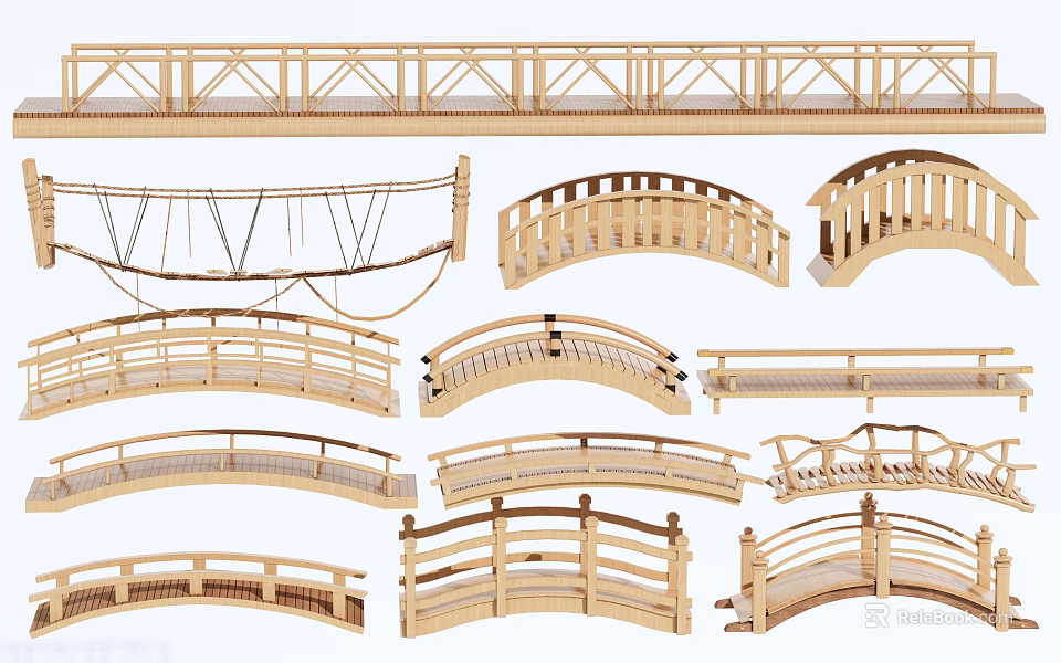Different Types of Wooden Landscape Bridges Featuring Arched Flat and Railed Designs 3d model 