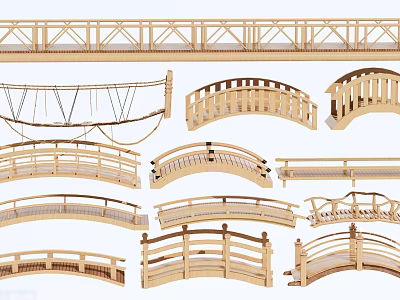 Different Types of Wooden Landscape Bridges Featuring Arched Flat and Railed Designs 3d model