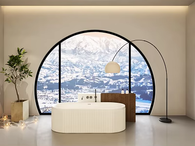 Freestanding Bathtub in Modern Interior With Arched Window Snowy Mountain View Floor Lamp and Plant 3d model