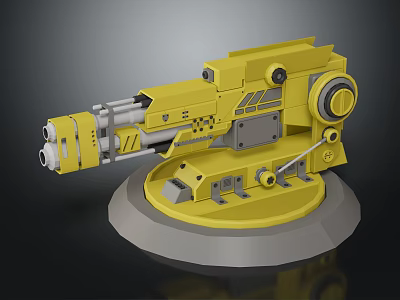 Yellow Mechanical Weapon Model With Detailed Metal Parts On Gray Base 3d model