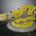 Yellow Mechanical Weapon Model With Detailed Metal Parts On Gray Base