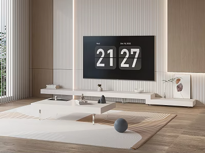 Modern Living Room With White Coffee Table TV Stand Decorative Rug And Natural Light 3d model