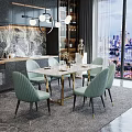 Modern Dining Table Set with Marble Top Light Green Chairs and Gold Legs in Kitchen