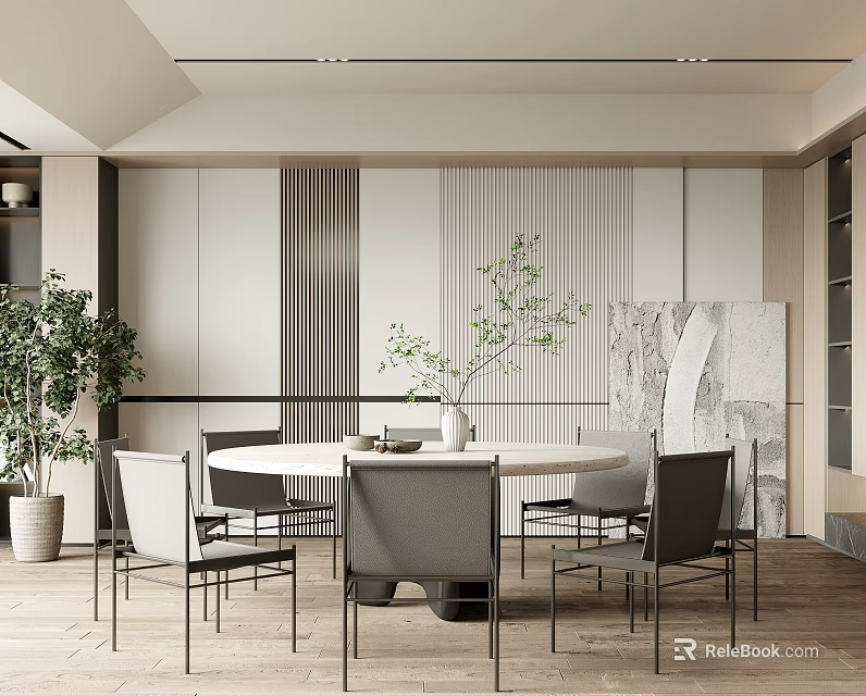 Modern Restaurant Interior With Round Dining Table Gray Chairs Green Plant And Striped Wall 3d model 