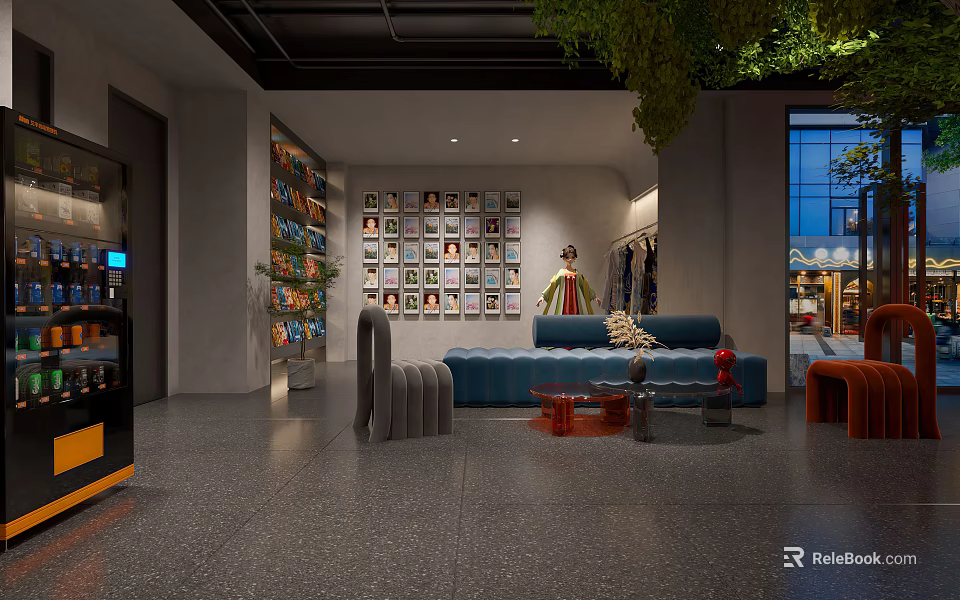 Modern Storefront Reception Area With Blue Sofa Artwork Wall And Green Plants 3d model