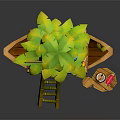 Decorative Wooden Boat Water Vehicle With Leaf Roof Ladder Small Table And Watermelon Decoration