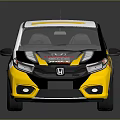 White And Yellow Sporty Hatchback Car With Racing Inspired Design And Black Wheels