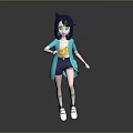 Cartoon Character With Blue Black Hair Green Eyes Yellow Badge And Creature Features
