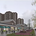 Modern Commercial Street With Multi Story Buildings Shops Green Awnings Pedestrians Greenery And Street Lamps