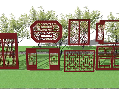 Red Traditional Chinese Carved Lattice Windows With Various Patterns On Green Lawn 3d model