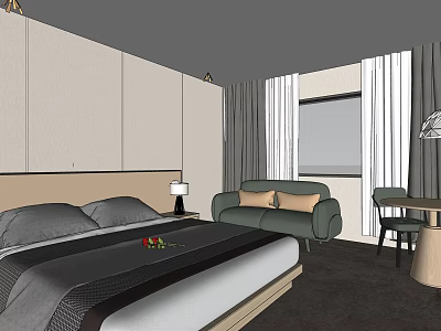 Modern Hotel Room Interior With Large Bed Green Sofa And Curtains 3d model