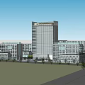 Modern Office Building Featuring High Rise And Low Rise Structures With Green Area And Trees
