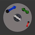 Colorful Electronic Headphones in Blue White Green with Black Earcups on Round Display Stand