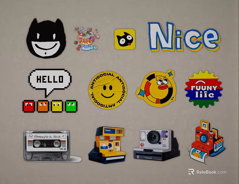 Vintage Cartoon Wall Decor Featuring Retro Items Smiley Faces And Text Graphics 3d model