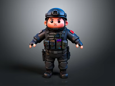 3D Cartoon Police Character Wearing Black Tactical Uniform With Helmet And Gear 3d model