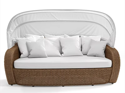 Outdoor Wicker Two Seater Sofa With White Cushions And Canopy 3d model