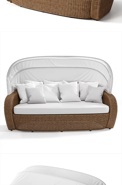 Outdoor Wicker Two Seater Sofa With White Cushions And Canopy 3d model