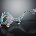 3D Mythical Dragon Sculpture With Blue White Scales Long Tail And Black Background Reflection