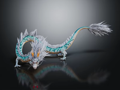 3D Mythical Dragon Sculpture With Blue White Scales Long Tail And Black Background Reflection 3d model