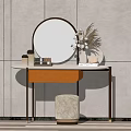 Modern Dressing Table Interior With Round Mirror Orange Drawer Pampas Vase And Stool 3d model