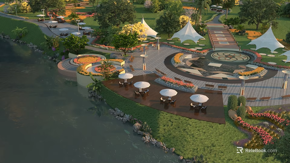 Serene Garden Landscape with Lush Greenery Curved Pathways Water Features and Seating Areas 3d model 