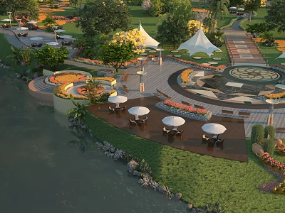 Serene Garden Landscape with Lush Greenery Curved Pathways Water Features and Seating Areas 3d model