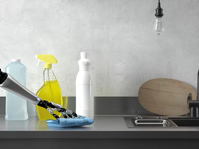 Smart Robot Arm Cleaning Kitchen Countertop With Cleaning Supplies Wooden Cutting Board And Sink 3d model