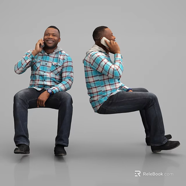 Man Sitting Talking on Phone Wearing Plaid Shirt and Jeans Two Angles View 3d model 