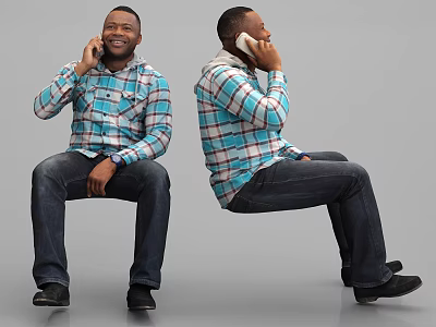 Man Sitting Talking on Phone Wearing Plaid Shirt and Jeans Two Angles View 3d model