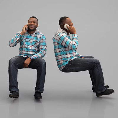Man Sitting Talking on Phone Wearing Plaid Shirt and Jeans Two Angles View 3d model Man Sitting Talking on Phone Wearing Plaid Shirt and Jeans Two Angles View 3d model