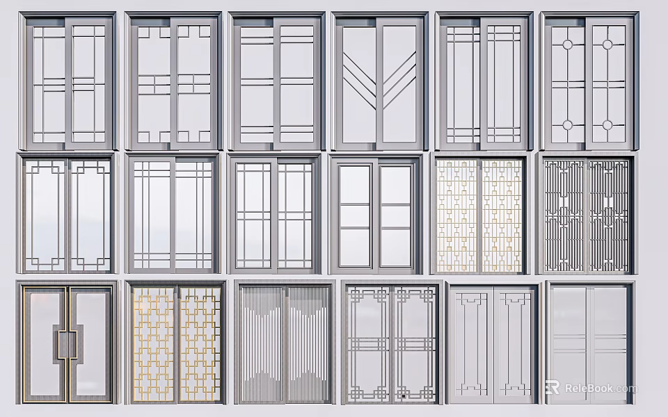 Various Modern Sliding Door Designs with Geometric Patterns and Glass Panels 3d model