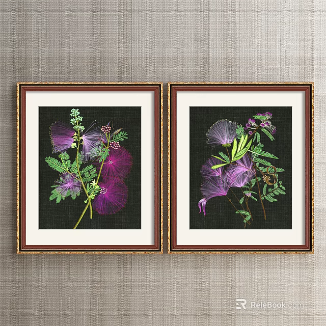 Framed Botanical Paintings With Brown Frame Gold Accent Black Background Purple Green Flowers Leaves 3d model 