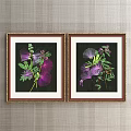 Framed Botanical Paintings With Brown Frame Gold Accent Black Background Purple Green Flowers Leaves