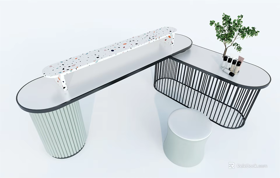 Modern Curved Bar Counter With Polka Dot Top Vertical Slat Base Black Railing And Plant 3d model 