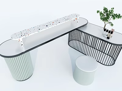 Modern Curved Bar Counter With Polka Dot Top Vertical Slat Base Black Railing And Plant 3d model